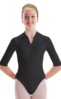 Click for more information about Zip Front Mock Neck 3/4 Sleeve Highcut Leg Leotard Silkskyn